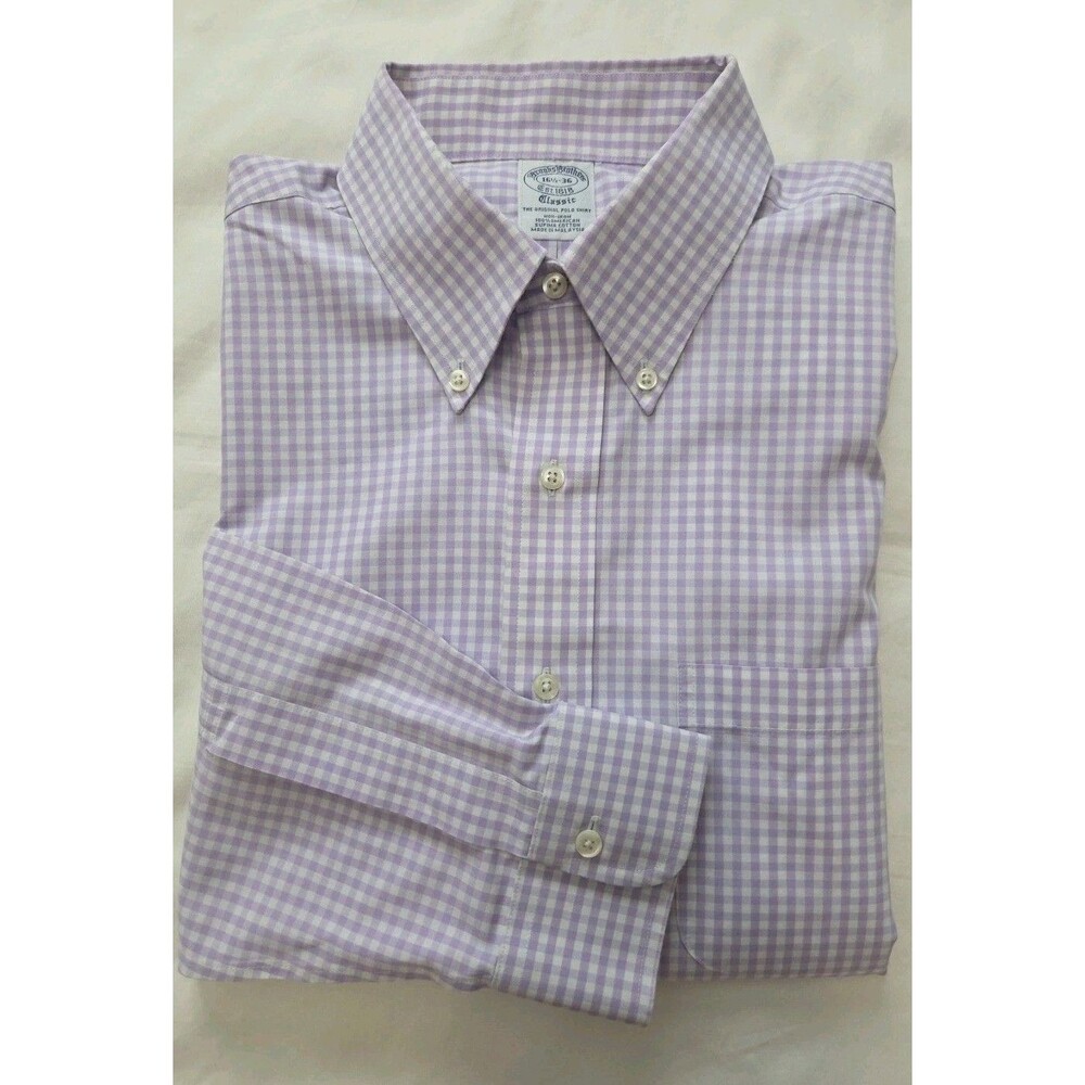 Brooks Brothers Shirt Men 16.5-36 Purple Gingham Classic Non-Iron Supima Cotton
